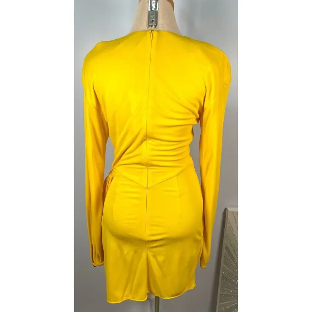 Dundas Yellow Beau Faux Wrap Long Sleeve Plunging V Neck Mini Dress Size 2 - Picture 8 of 13